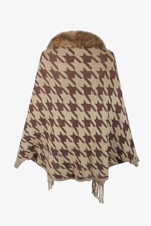 Faux Fur Trim Fringe Houndstooth Poncho-MXSTUDIO.COM
