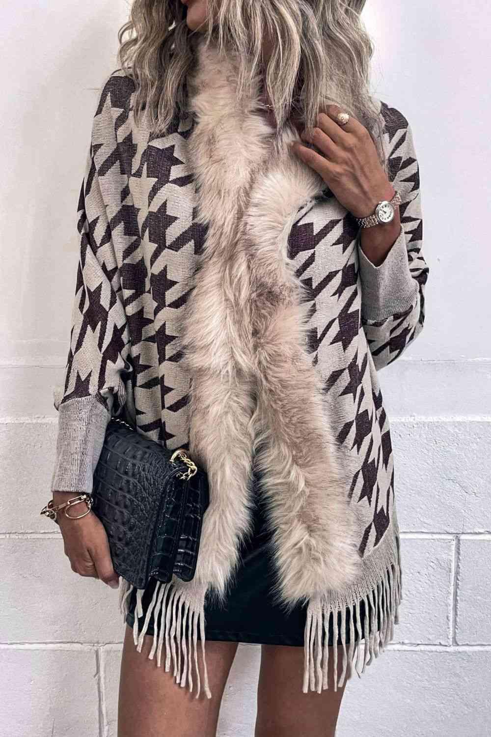 Faux Fur Trim Fringe Houndstooth Poncho-MXSTUDIO.COM