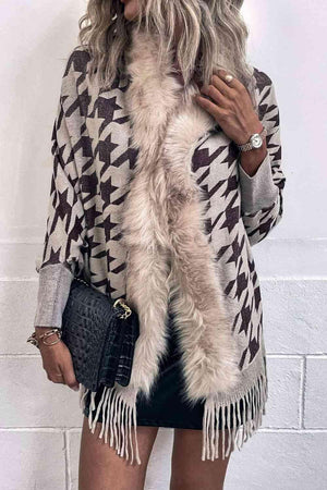 Faux Fur Trim Fringe Houndstooth Poncho-MXSTUDIO.COM