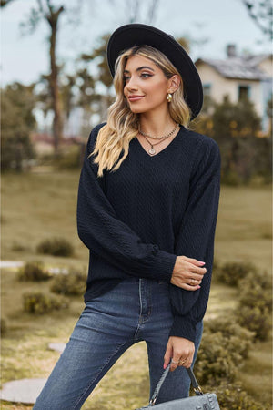 Feel Contented V Neck Long Sleeve Top - MXSTUDIO.COM