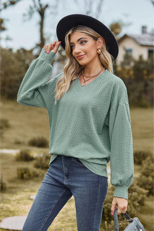 Feel Contented V Neck Long Sleeve Top - MXSTUDIO.COM
