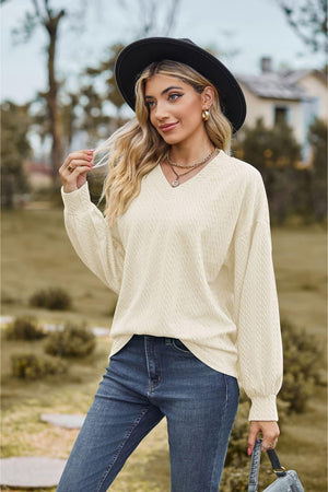 Feel Contented V Neck Long Sleeve Top - MXSTUDIO.COM
