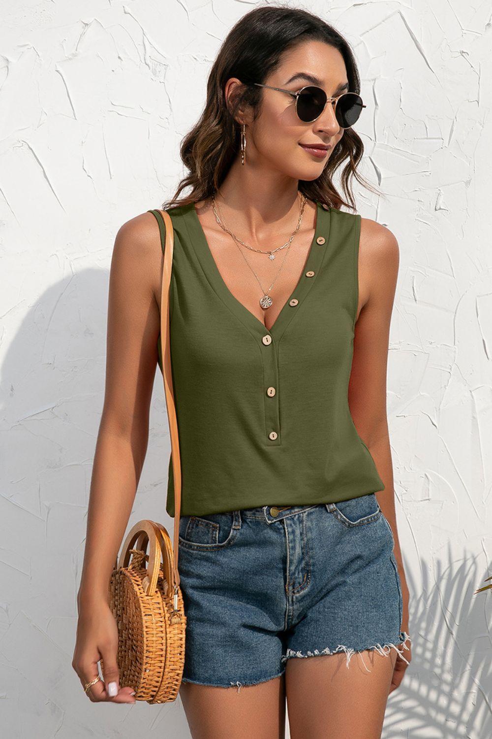 Feel The Summer Air Buttoned Deep V Tank Top - MXSTUDIO.COM