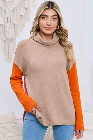 Feel The Warmth Color Block Slit Turtleneck Sweater - MXSTUDIO.COM