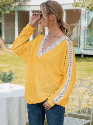 Feel Wonderful Lace V Neck Long Sleeve Top - MXSTUDIO.COM