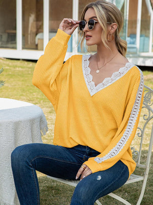 Feel Wonderful Lace V Neck Long Sleeve Top - MXSTUDIO.COM