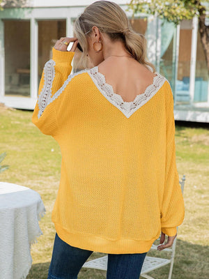 Feel Wonderful Lace V Neck Long Sleeve Top - MXSTUDIO.COM