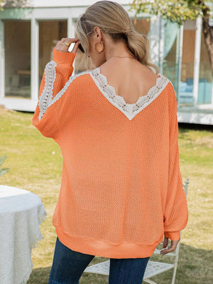 Feel Wonderful Lace V Neck Long Sleeve Top - MXSTUDIO.COM