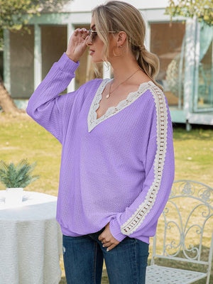 Feel Wonderful Lace V Neck Long Sleeve Top - MXSTUDIO.COM