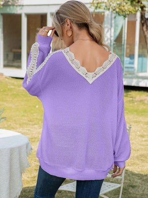 Feel Wonderful Lace V Neck Long Sleeve Top - MXSTUDIO.COM