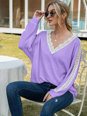 Feel Wonderful Lace V Neck Long Sleeve Top - MXSTUDIO.COM