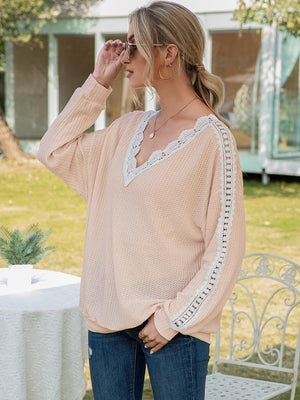 Feel Wonderful Lace V Neck Long Sleeve Top - MXSTUDIO.COM