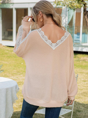 Feel Wonderful Lace V Neck Long Sleeve Top - MXSTUDIO.COM