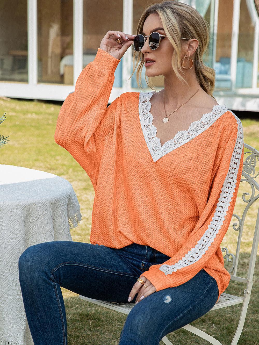 Feel Wonderful Lace V Neck Long Sleeve Top - MXSTUDIO.COM
