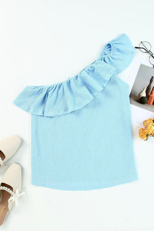 Feminine Charm Ruffled One Shoulder Tank Top - MXSTUDIO.COM