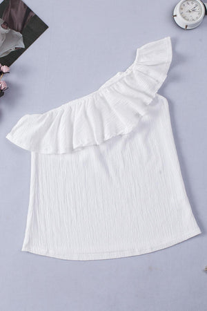 Feminine Charm Ruffled One Shoulder Tank Top - MXSTUDIO.COM