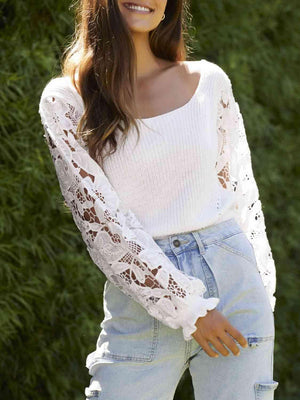 Feminine Comfort Knit White Lace Long Sleeve Top-MXSTUDIO.COM