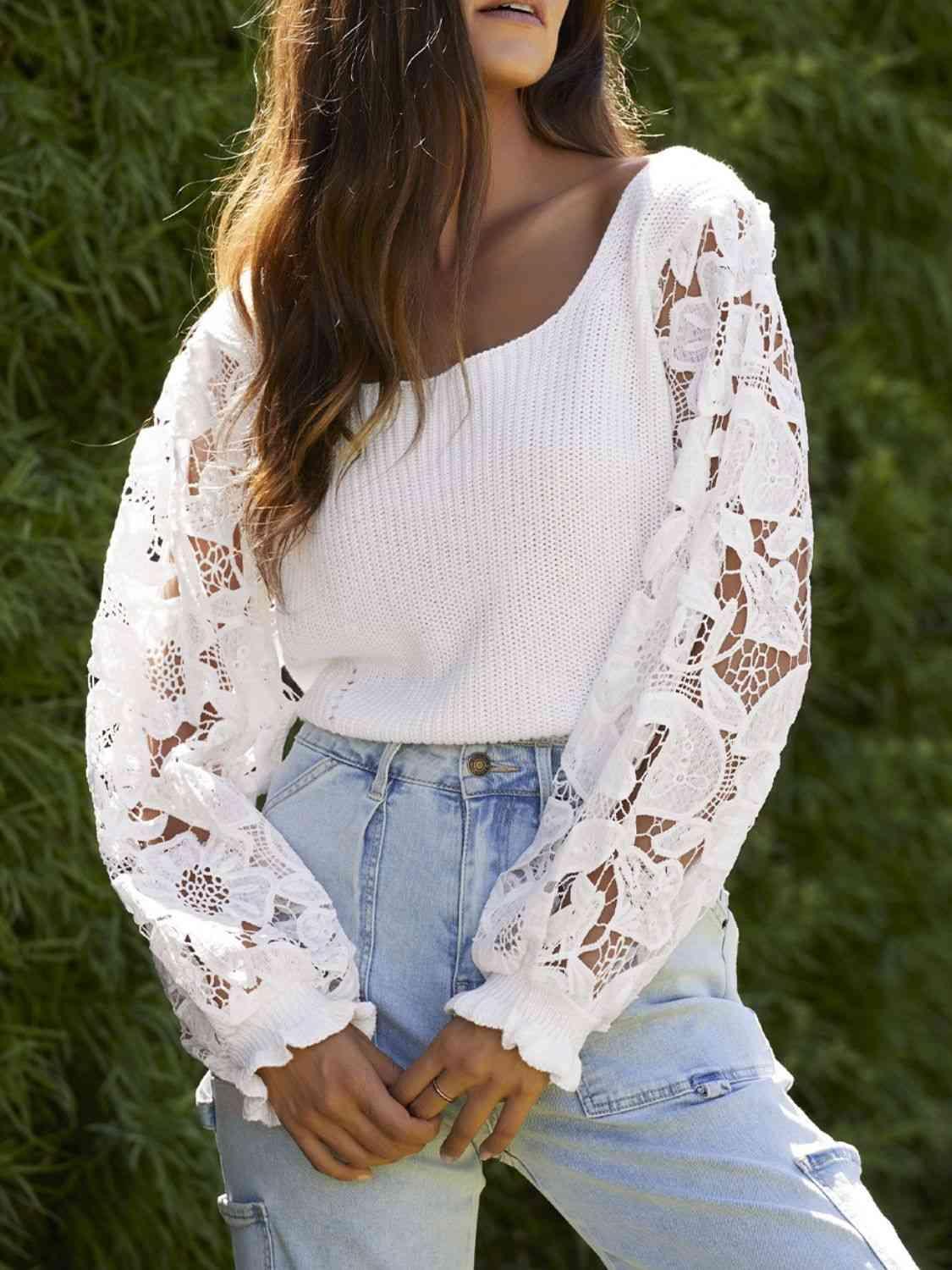 Feminine Comfort Knit White Lace Long Sleeve Top-MXSTUDIO.COM