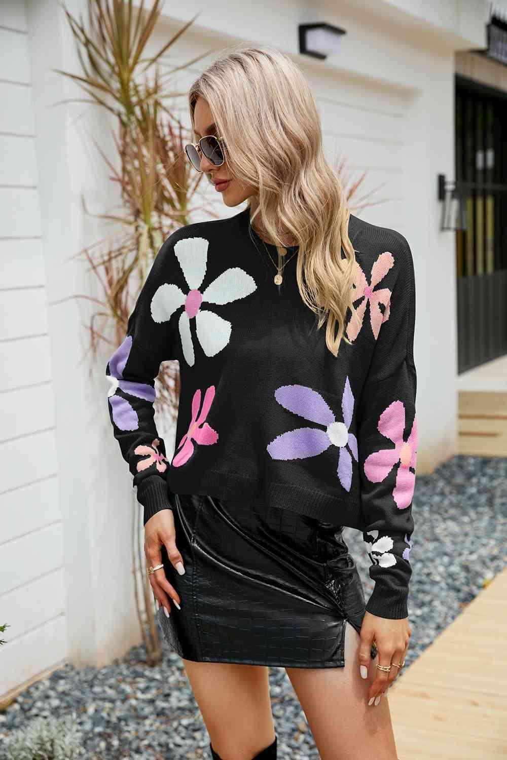 Feminine Embrace Crew Neck Floral Sweater - MXSTUDIO.COM
