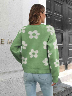 Feminine Embrace Drop Shoulder Floral Sweater - MXSTUDIO.COM