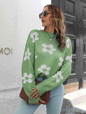 Feminine Embrace Drop Shoulder Floral Sweater - MXSTUDIO.COM