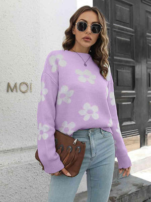 Feminine Embrace Drop Shoulder Floral Sweater - MXSTUDIO.COM