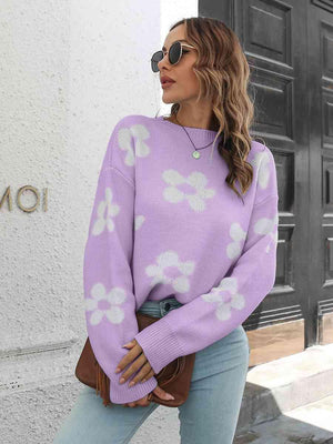 Feminine Embrace Drop Shoulder Floral Sweater - MXSTUDIO.COM