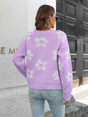 Feminine Embrace Drop Shoulder Floral Sweater - MXSTUDIO.COM