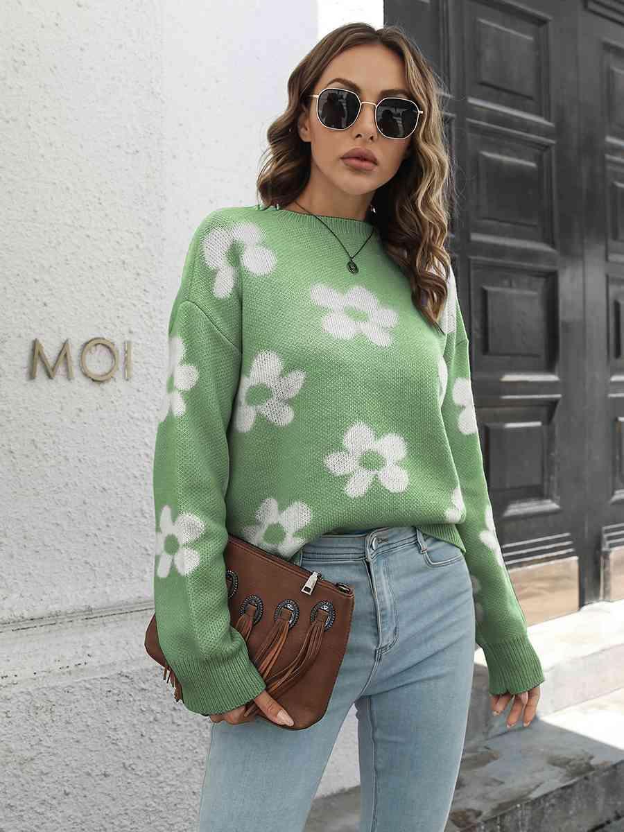 Feminine Embrace Drop Shoulder Floral Sweater - MXSTUDIO.COM