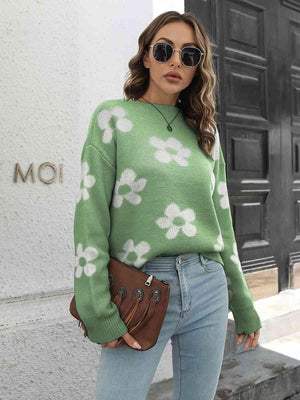 Feminine Embrace Drop Shoulder Floral Sweater - MXSTUDIO.COM