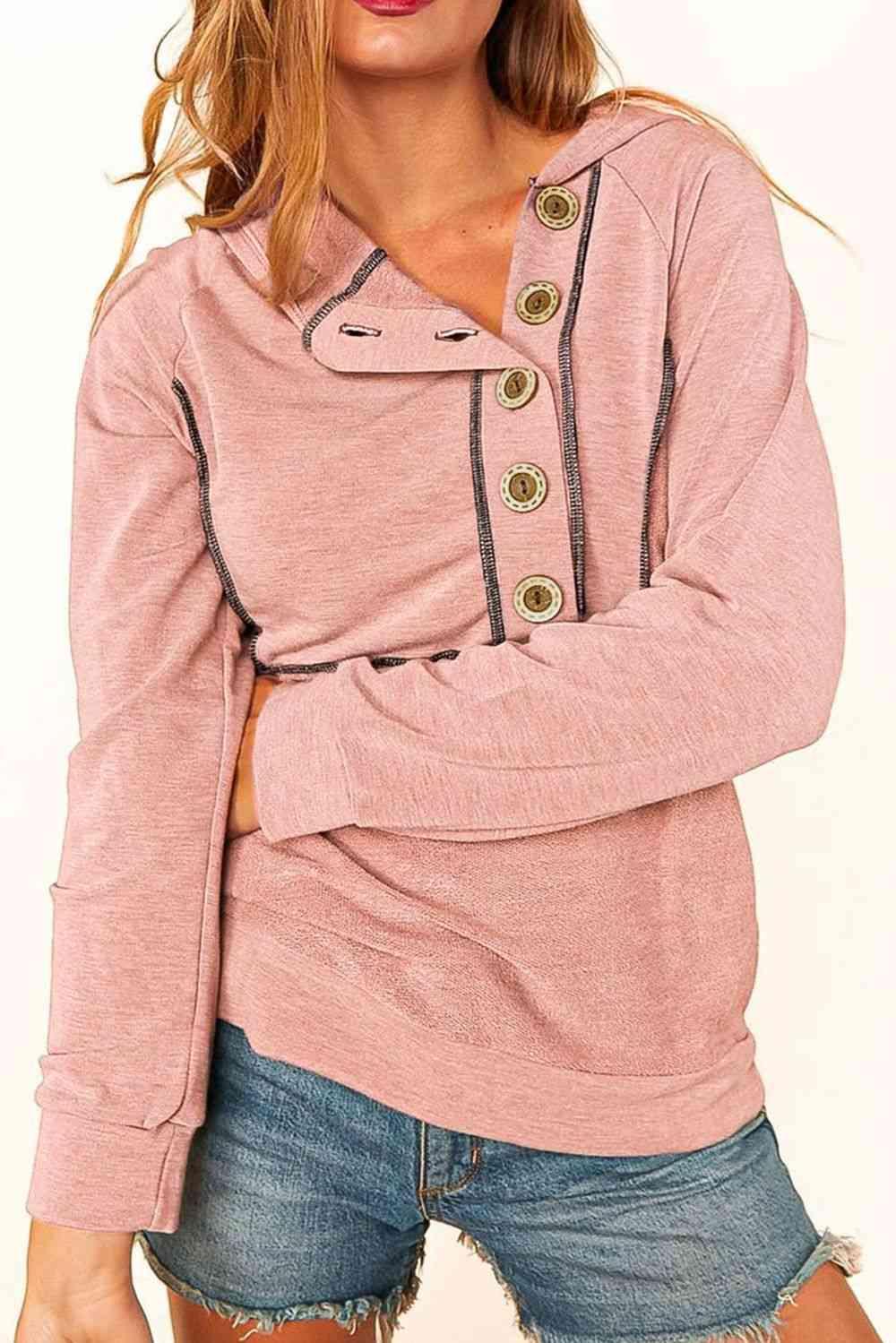 Feminine Style Half Buttoned Long Sleeve Hoodie-MXSTUDIO.COM