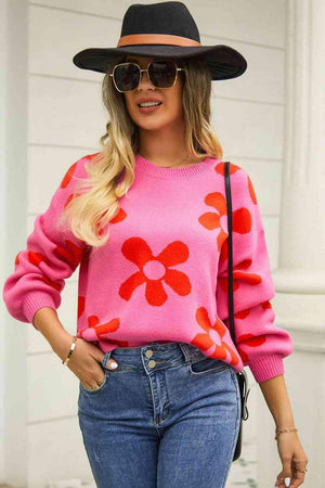 Feminine Warmth Crew Neck Floral Sweater - MXSTUDIO.COM
