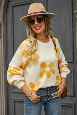 Feminine Warmth Crew Neck Floral Sweater - MXSTUDIO.COM
