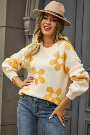 Feminine Warmth Crew Neck Floral Sweater - MXSTUDIO.COM