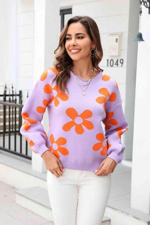 Feminine Warmth Crew Neck Floral Sweater - MXSTUDIO.COM