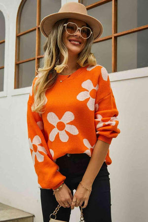 Feminine Warmth Crew Neck Floral Sweater - MXSTUDIO.COM