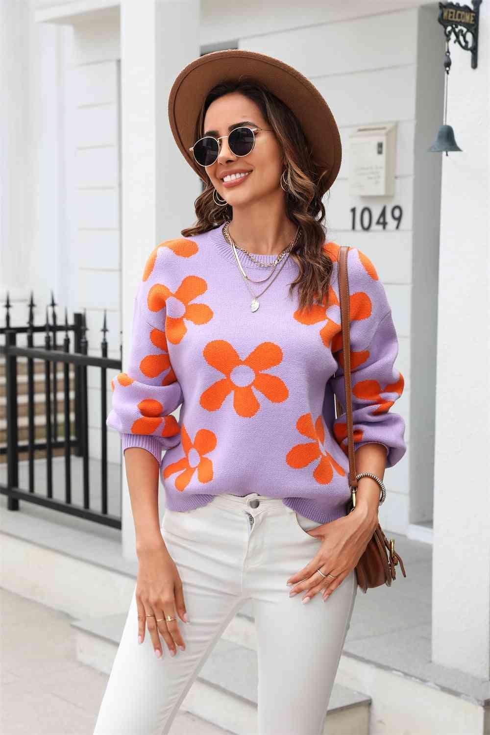 Feminine Warmth Crew Neck Floral Sweater - MXSTUDIO.COM