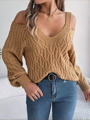 Femininely Comfy Cold Shoulder Cable Knit Sweater-MXSTUDIO.COM