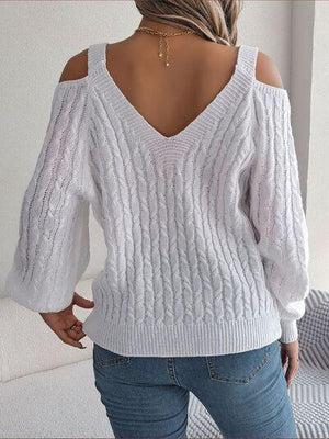 Femininely Comfy Cold Shoulder Cable Knit Sweater-MXSTUDIO.COM