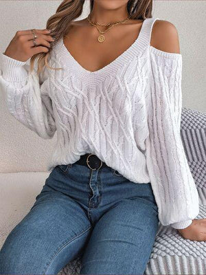 Femininely Comfy Cold Shoulder Cable Knit Sweater-MXSTUDIO.COM