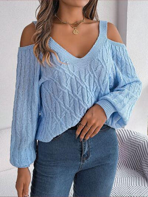 Femininely Comfy Cold Shoulder Cable Knit Sweater-MXSTUDIO.COM
