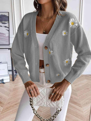 Femininely Cozy Button Up Floral Knit Cardigan-MXSTUDIO.COM