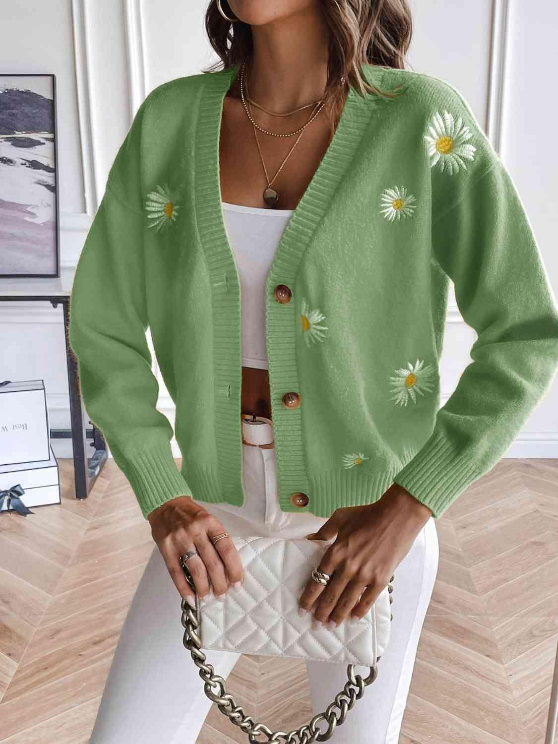 Femininely Cozy Button Up Floral Knit Cardigan-MXSTUDIO.COM