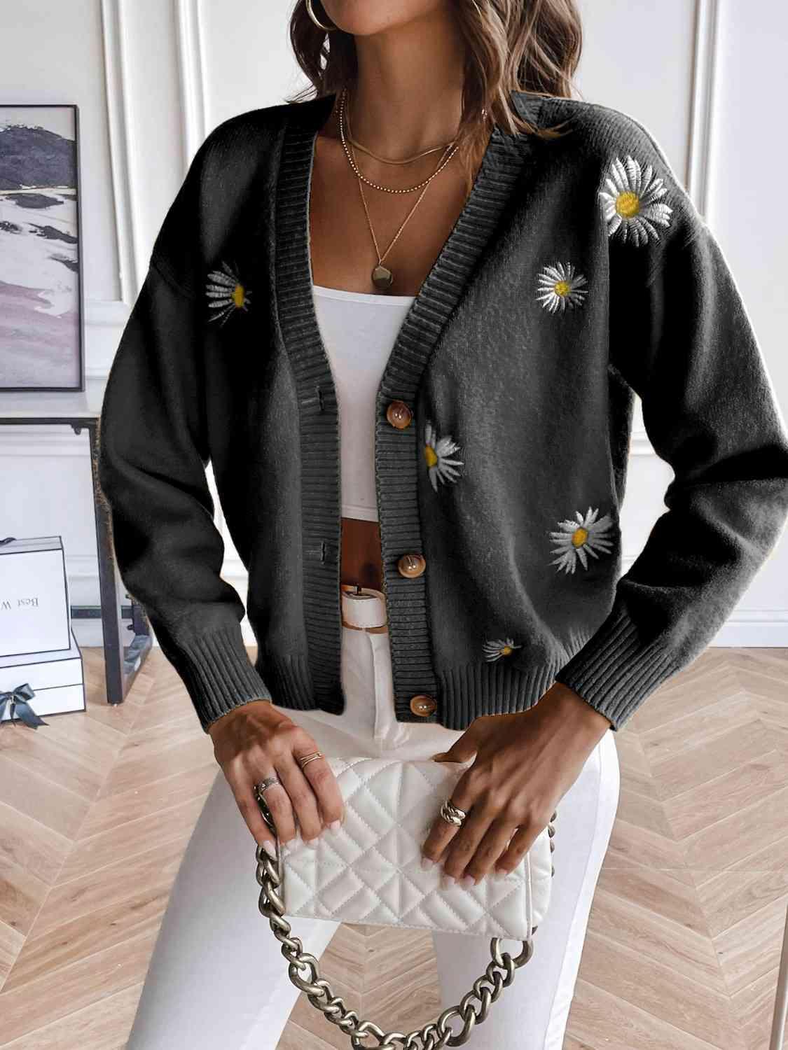 Femininely Cozy Button Up Floral Knit Cardigan-MXSTUDIO.COM