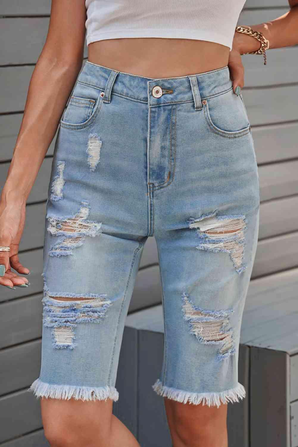Festival Ready Denim Distressed Bermuda Shorts - MXSTUDIO.COM