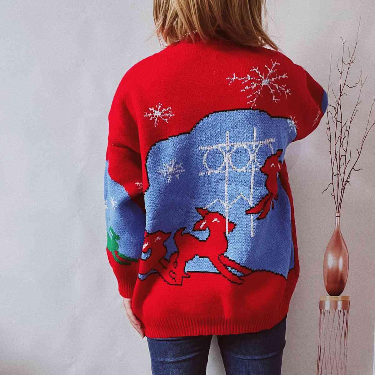 Festive Print Round Neck Red Christmas Sweater-MXSTUDIO.COM