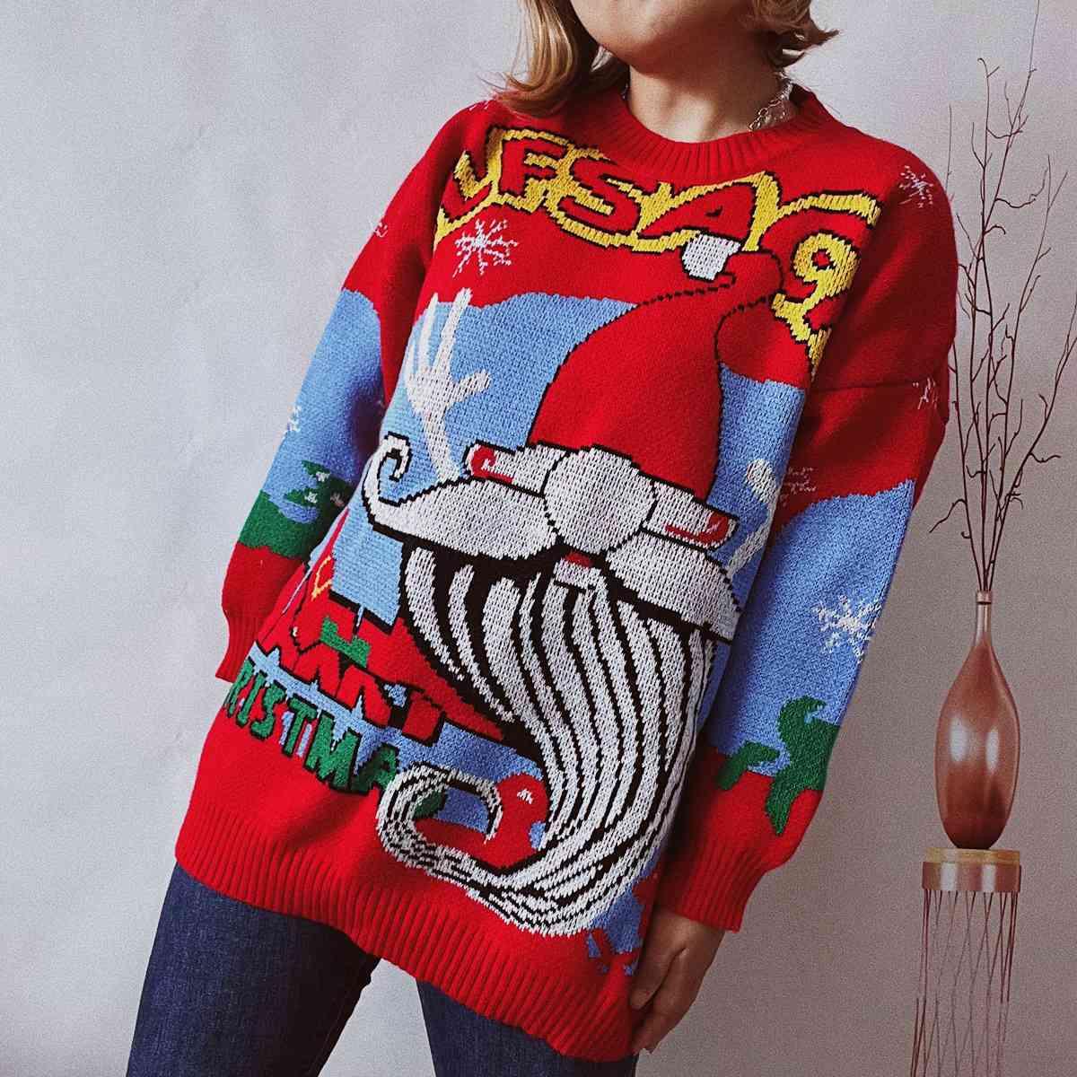 Festive Print Round Neck Red Christmas Sweater-MXSTUDIO.COM