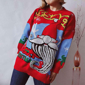Festive Print Round Neck Red Christmas Sweater-MXSTUDIO.COM