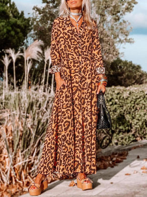 Fierce And Powerful Long Sleeve Leopard Maxi Dress - MXSTUDIO.COM