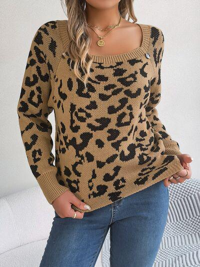 Fierce Chic Leopard Square Neck Sweater-MXSTUDIO.COM